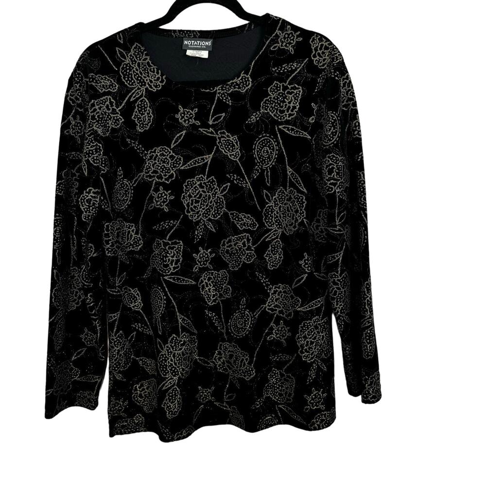 Notations Vintage All Over Beaded Velvet Floral Printed Top Blouse Size Large